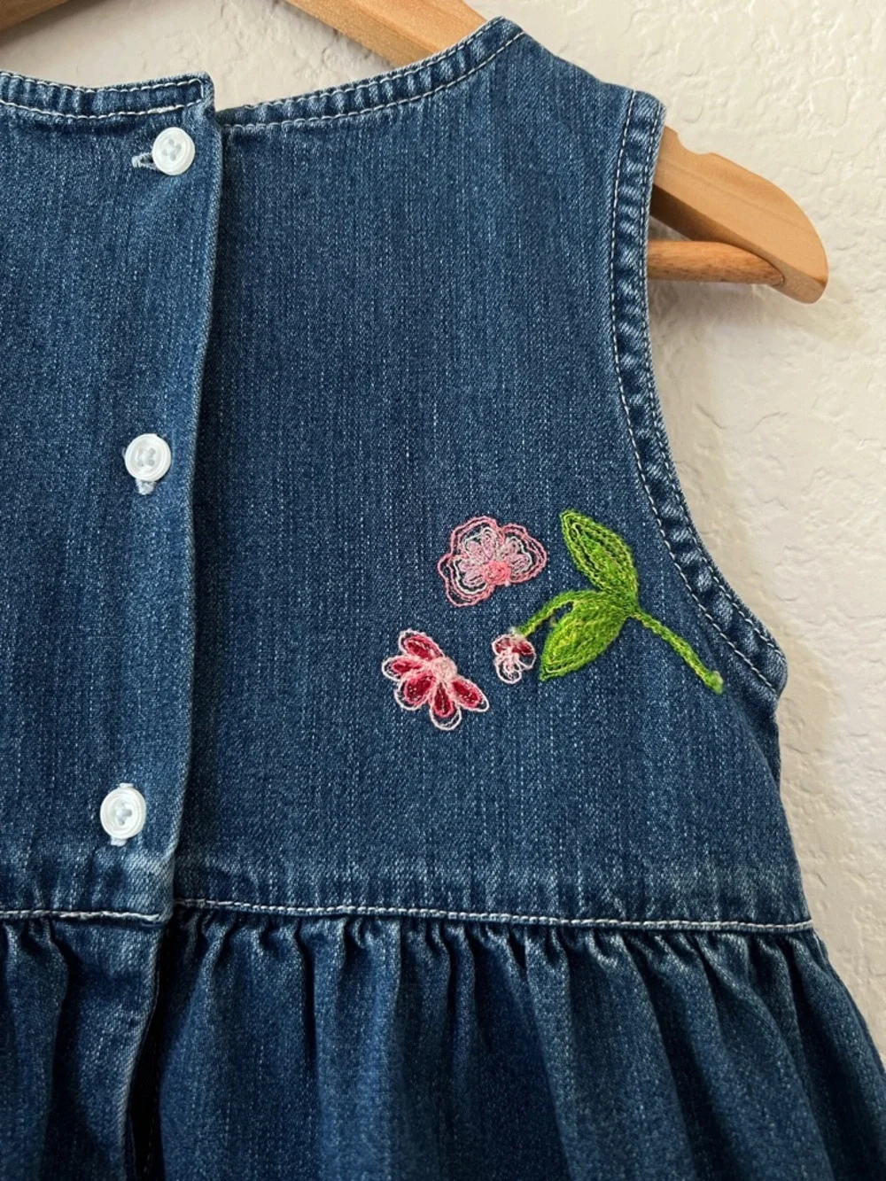 Baby Gap Y2K Denim Jumper Dress Girls 4 Years Embroidered Floral Velvet Hem